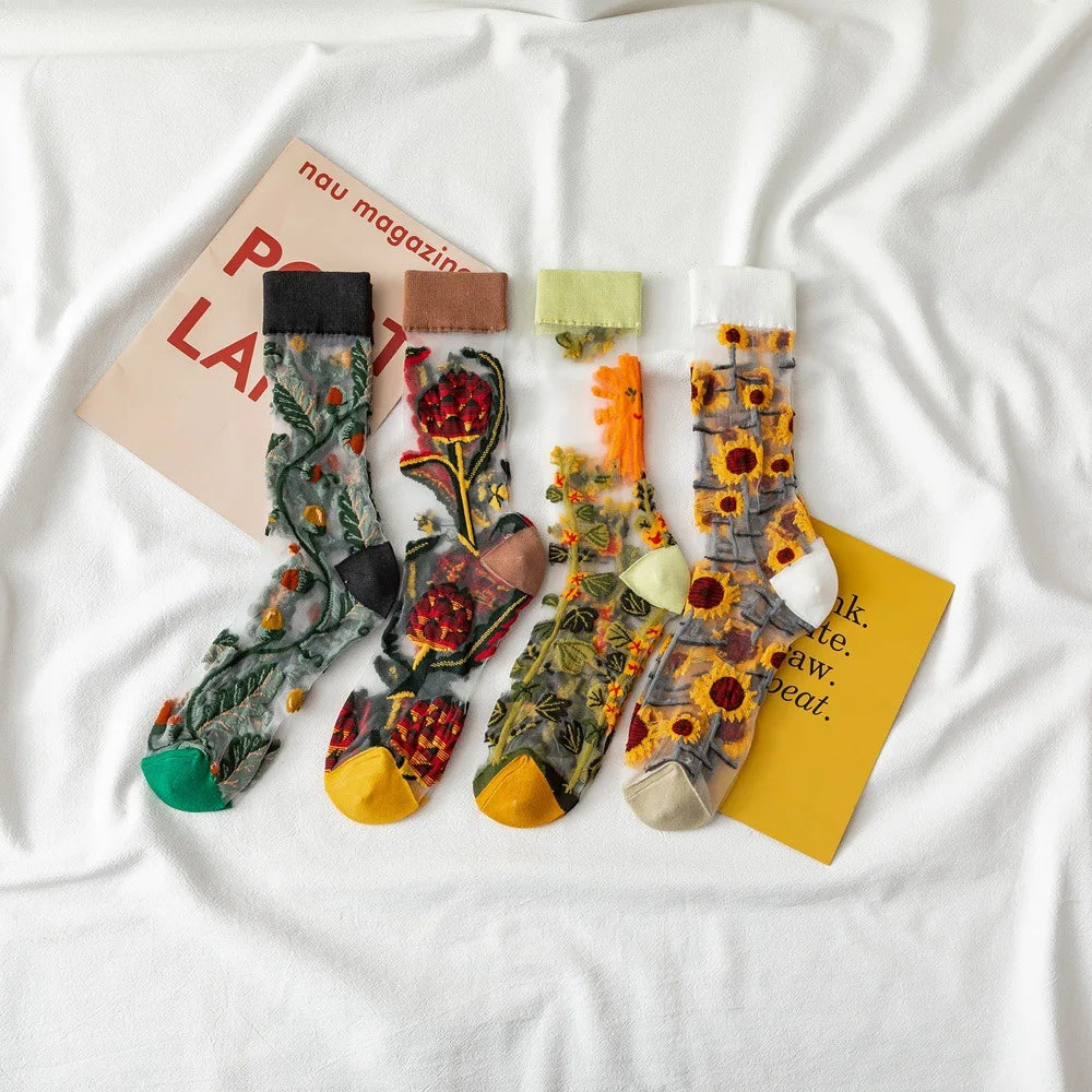 Novelty Casual Women Socks Harajuku Summer Ultra-thin Transparent Glass Silk Socks Sunflowers Crystal Funny Socks High Quality