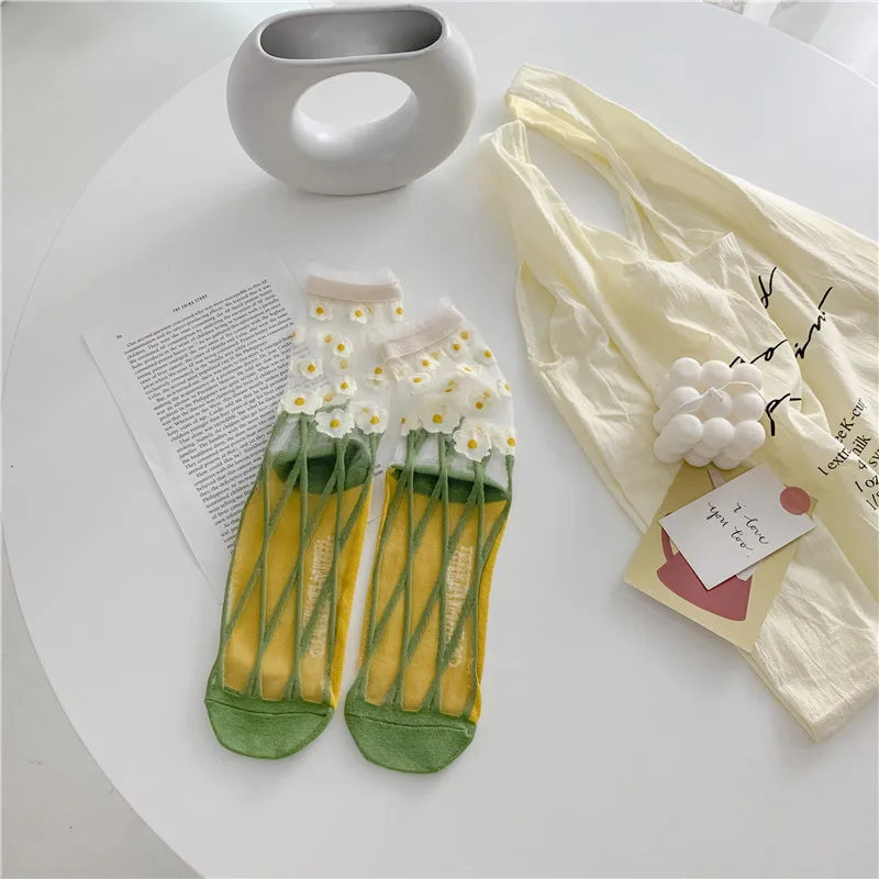 Novelty Harajuku Retro Summer Thin Transparent Glass Socks Women Girls Floral Print Cute Socks Japanese Style Crystal Silk Socks