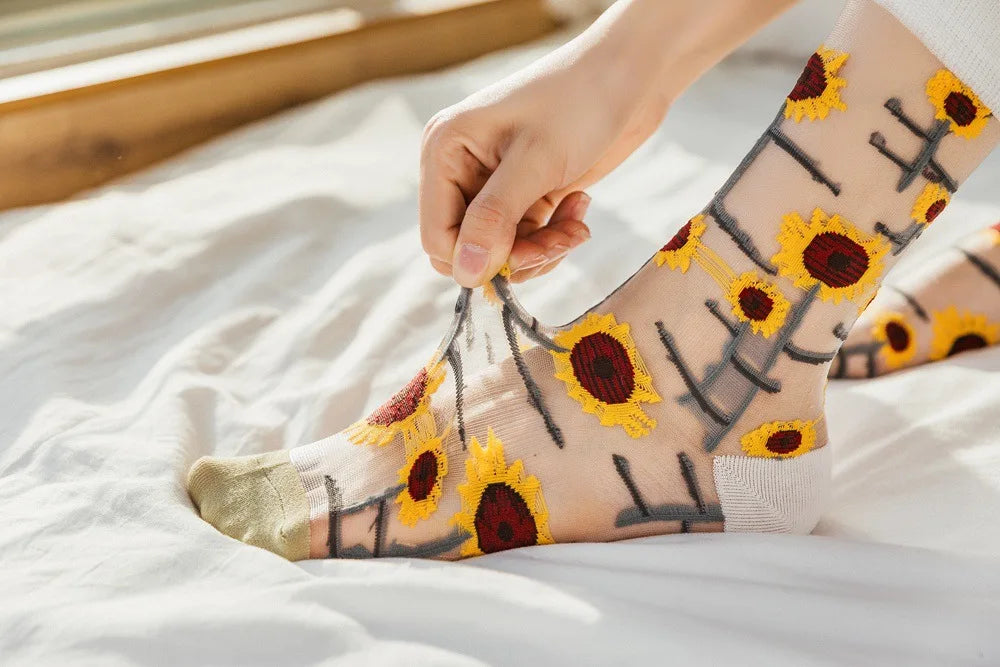 Novelty Casual Women Socks Harajuku Summer Ultra-thin Transparent Glass Silk Socks Sunflowers Crystal Funny Socks High Quality