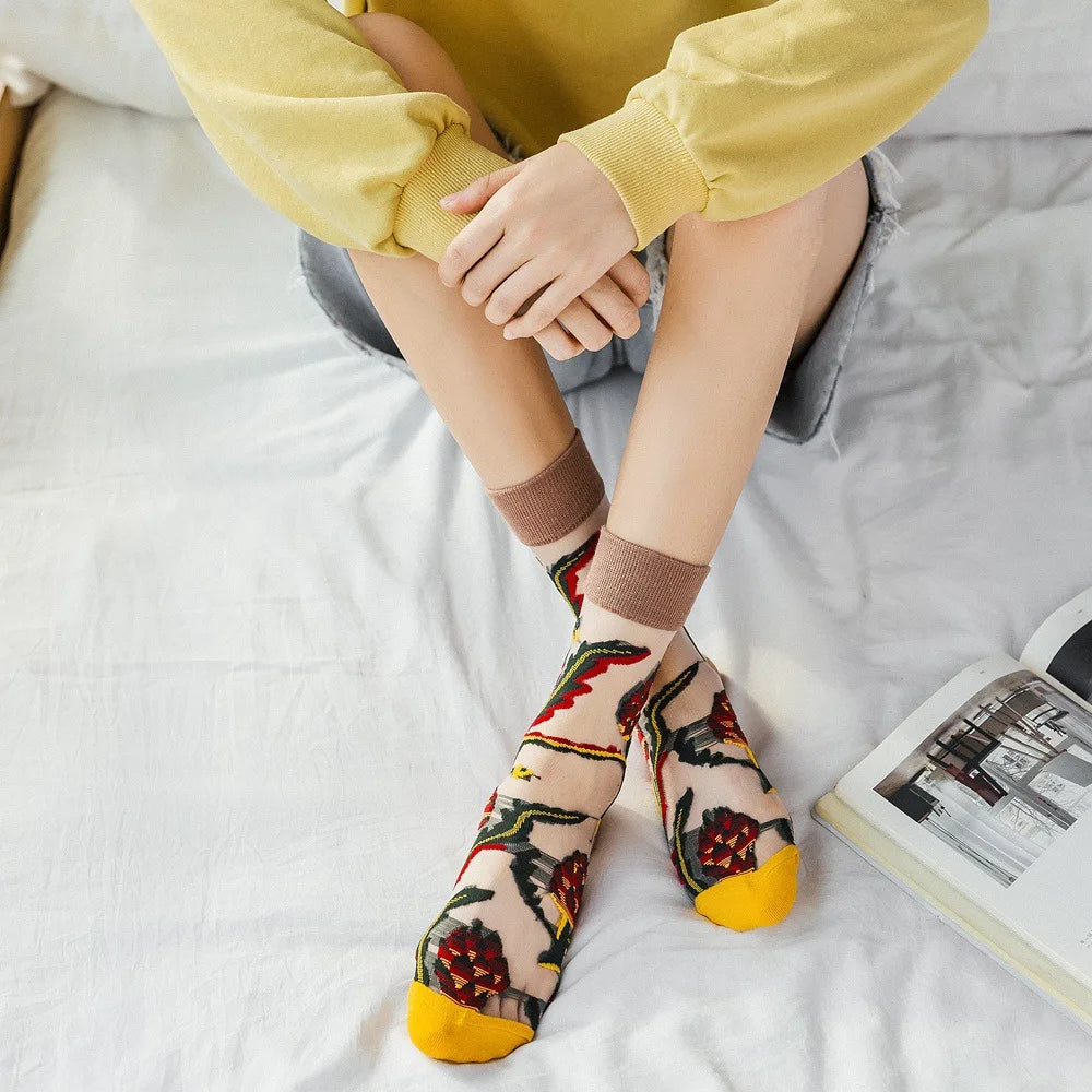 Novelty Casual Women Socks Harajuku Summer Ultra-thin Transparent Glass Silk Socks Sunflowers Crystal Funny Socks High Quality