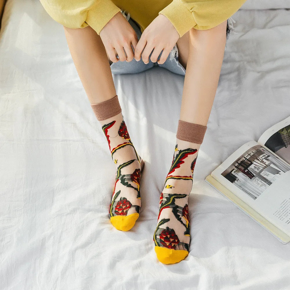 Novelty Casual Women Socks Harajuku Summer Ultra-thin Transparent Glass Silk Socks Sunflowers Crystal Funny Socks High Quality