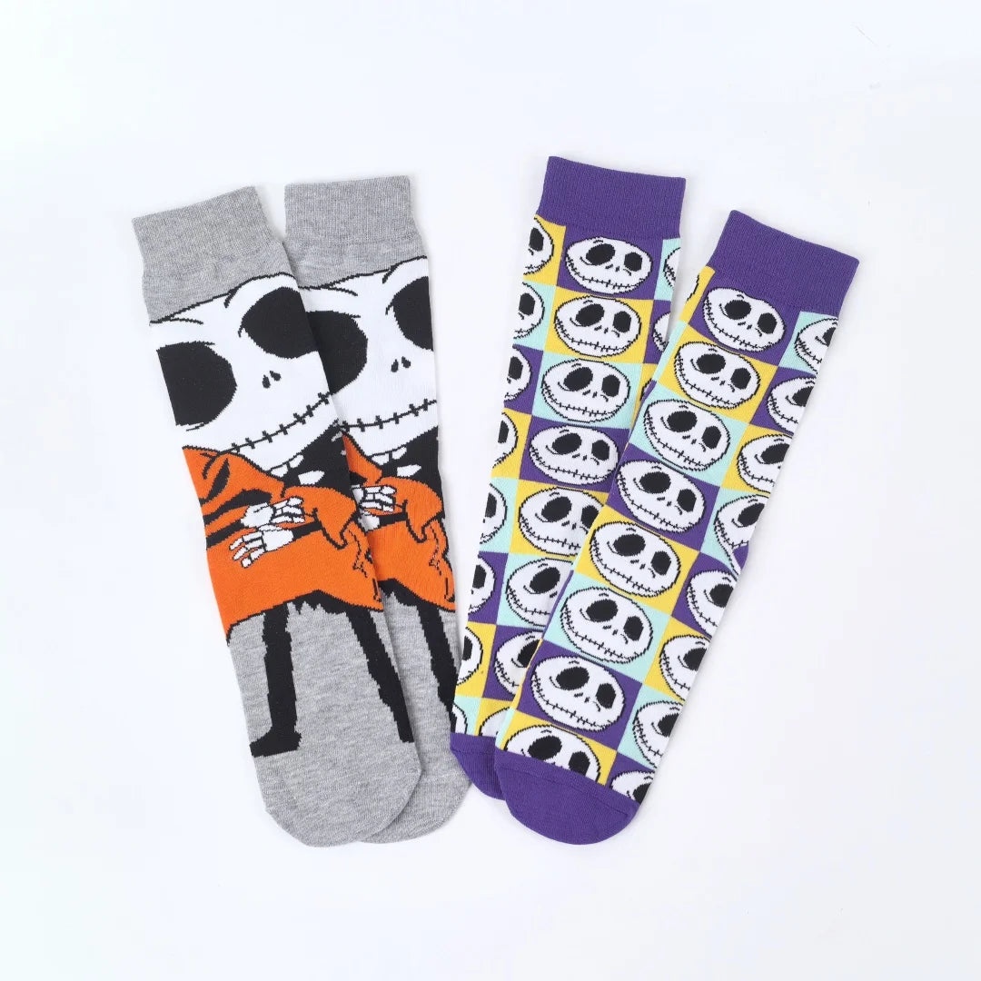 2 Pairs Novelty Mens Crew Socks With Spooky Designs For Halloween Parties