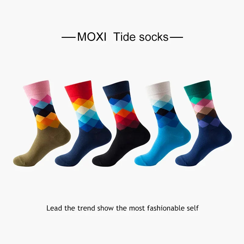 5 Pairs Novelty Men's Cotton Socks Colorful Pattern Funny Fashion Happy Crew Dress Socks Male Tide Brand Men Cotton Socks