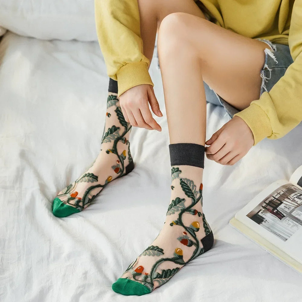 Novelty Casual Women Socks Harajuku Summer Ultra-thin Transparent Glass Silk Socks Sunflowers Crystal Funny Socks High Quality