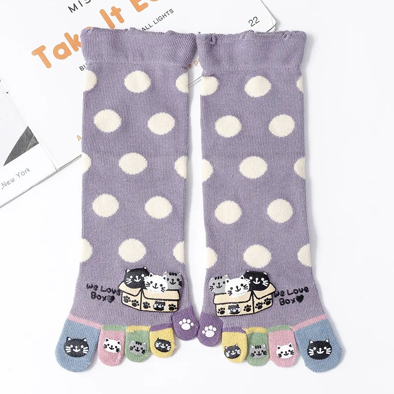 Novelty Cute Ankle Five Finger Happy Socks Woman Print Cotton Dispensing White Harajuku Girl No Show Funny Socks with Toes New