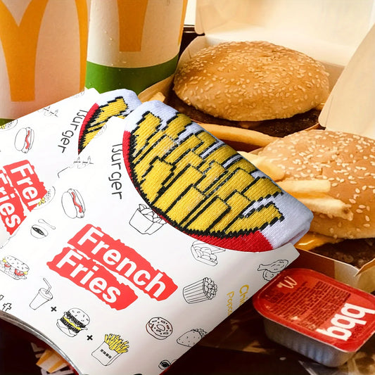 A pair of novelty and fun red fries pattern gift socks, leisure versatile.suitable for Halloween Christmas Valentine's Day Gifts