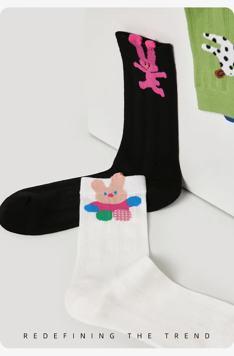 5 Pairs Women's Novelty Colorful Cat and Bunny Socks - Fun Animal Patterns, Mid-Calf Length, Playful Animal Designs,Cute Socks