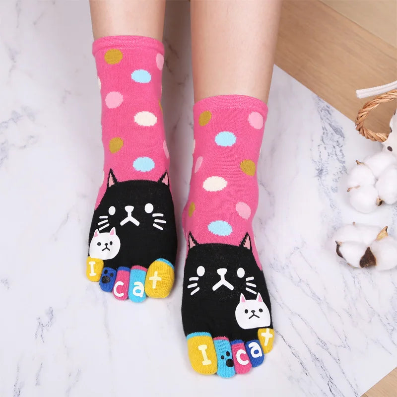 Novelty Cute Ankle Five Finger Happy Socks Woman Print Cotton Dispensing White Harajuku Girl No Show Funny Socks with Toes New
