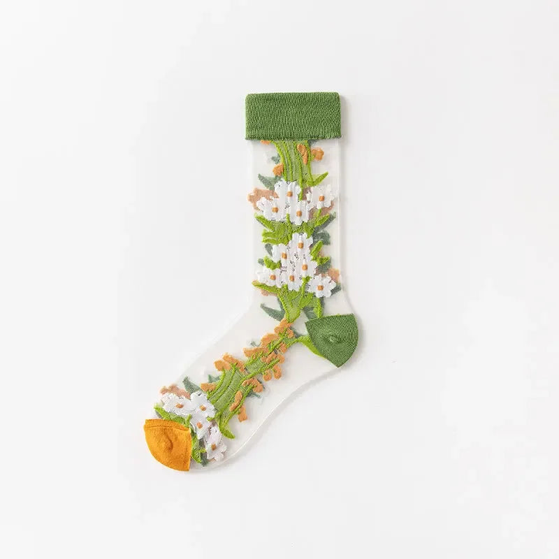 Novelty Casual Women Socks Harajuku Summer Ultra-thin Transparent Glass Silk Socks Sunflowers Crystal Funny Socks High Quality