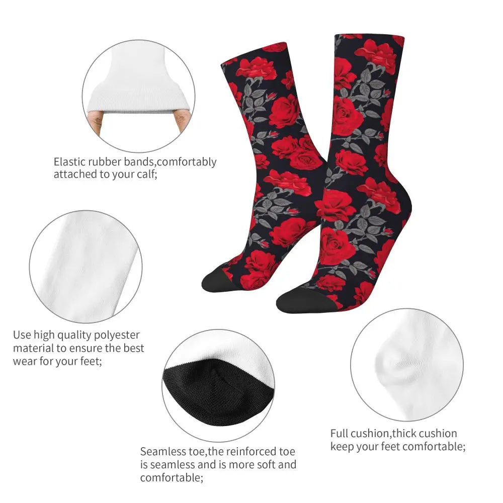 New Men's Socks Novelty Red Rose Flowers Vintage Sock Polyester Sport Women Socks Spring Summer Autumn Winter