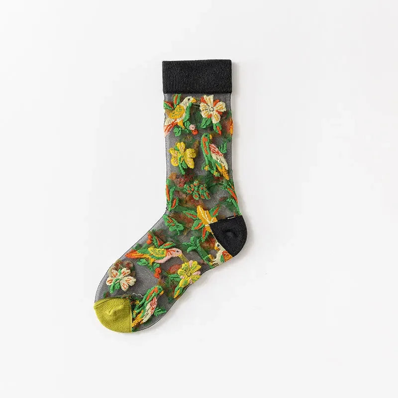 Novelty Casual Women Socks Harajuku Summer Ultra-thin Transparent Glass Silk Socks Sunflowers Crystal Funny Socks High Quality