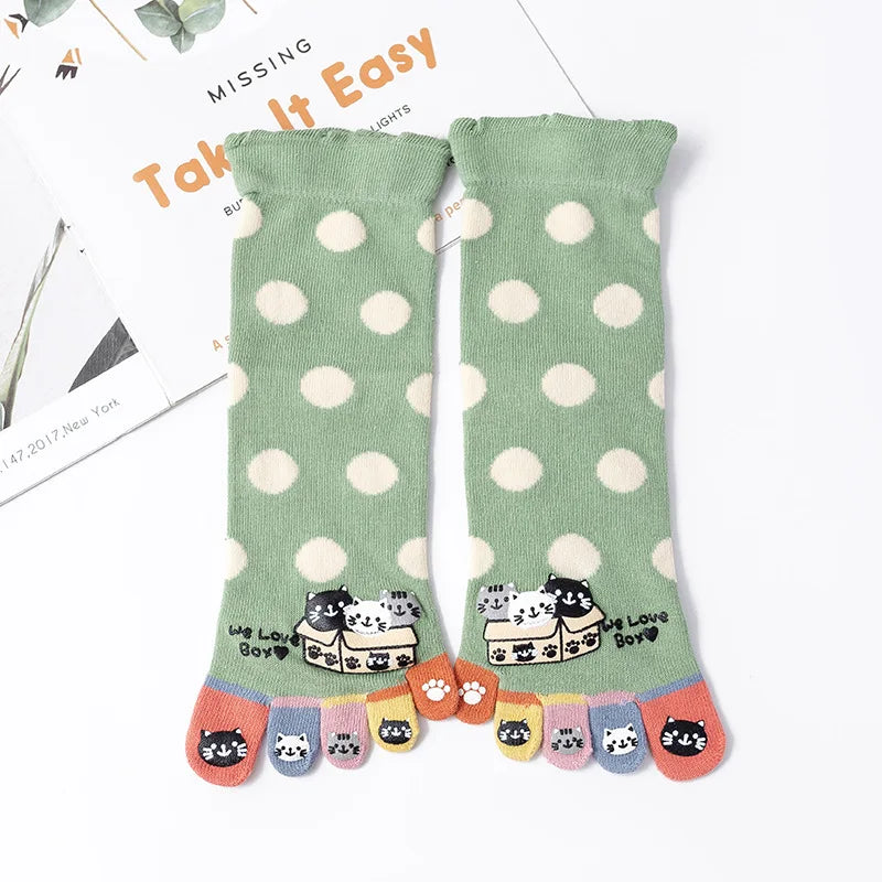 Novelty Cute Ankle Five Finger Happy Socks Woman Print Cotton Dispensing White Harajuku Girl No Show Funny Socks with Toes New