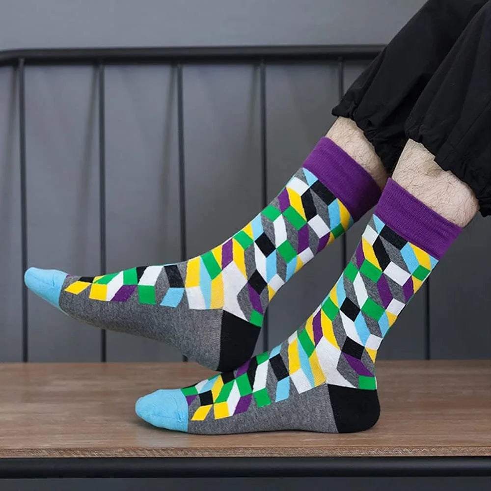 6 Pairs Unisex New Fashion Colorful Happy Casual Socks Dress Harajuku Cute Spaceman Grid Women Funny Socks