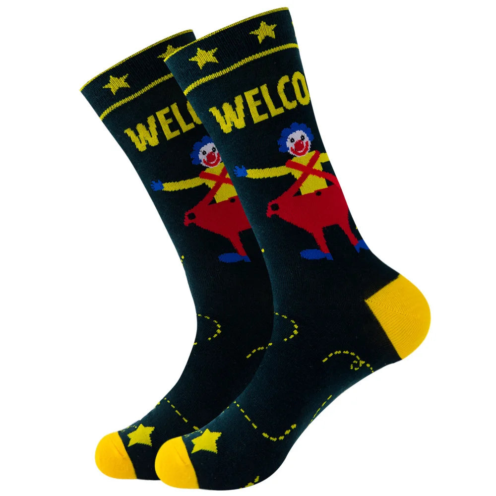 1 pair New Happy Mens Socks Women Novelty Cartoon Sock Combed Cotton Funny Men's Big Size Crew Hip Hop Thick Long Socks