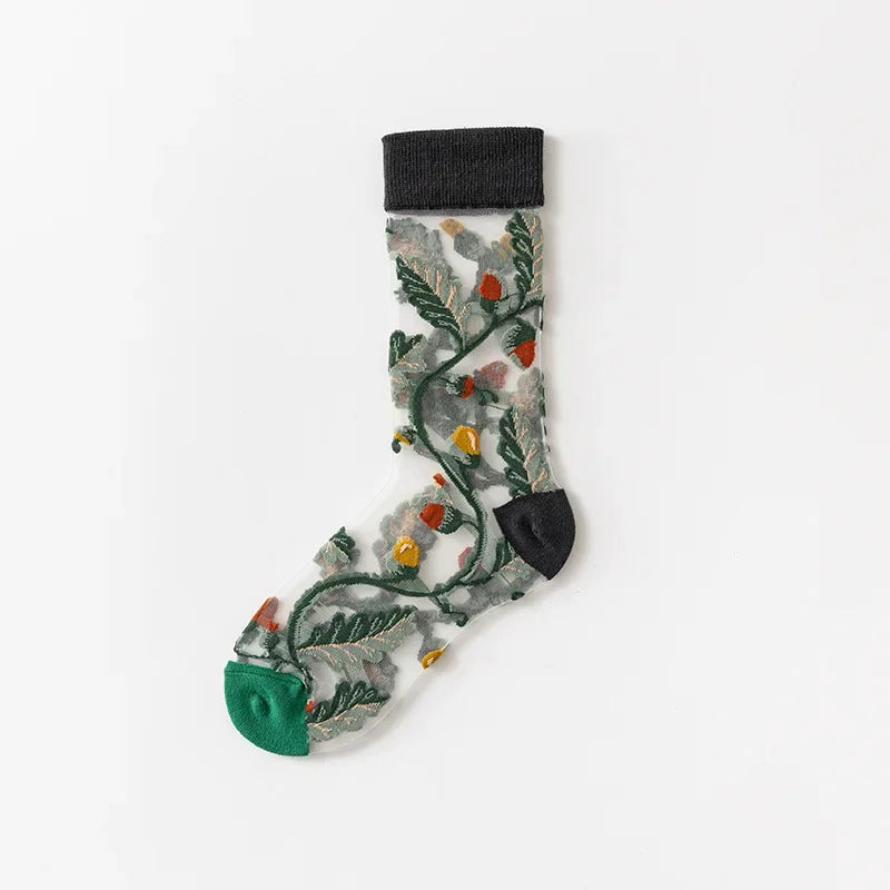 Novelty Casual Women Socks Harajuku Summer Ultra-thin Transparent Glass Silk Socks Sunflowers Crystal Funny Socks High Quality