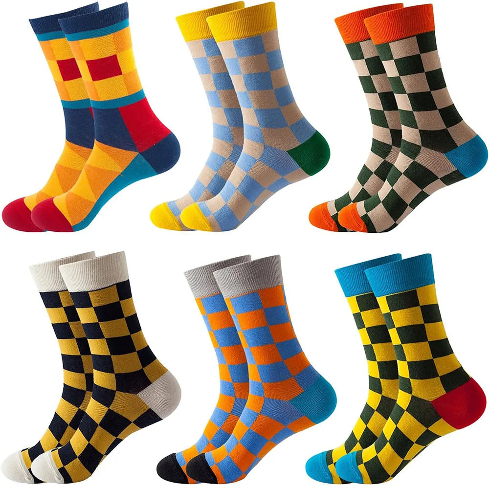 6 Pairs Unisex New Fashion Colorful Happy Casual Socks Dress Harajuku Cute Spaceman Grid Women Funny Socks