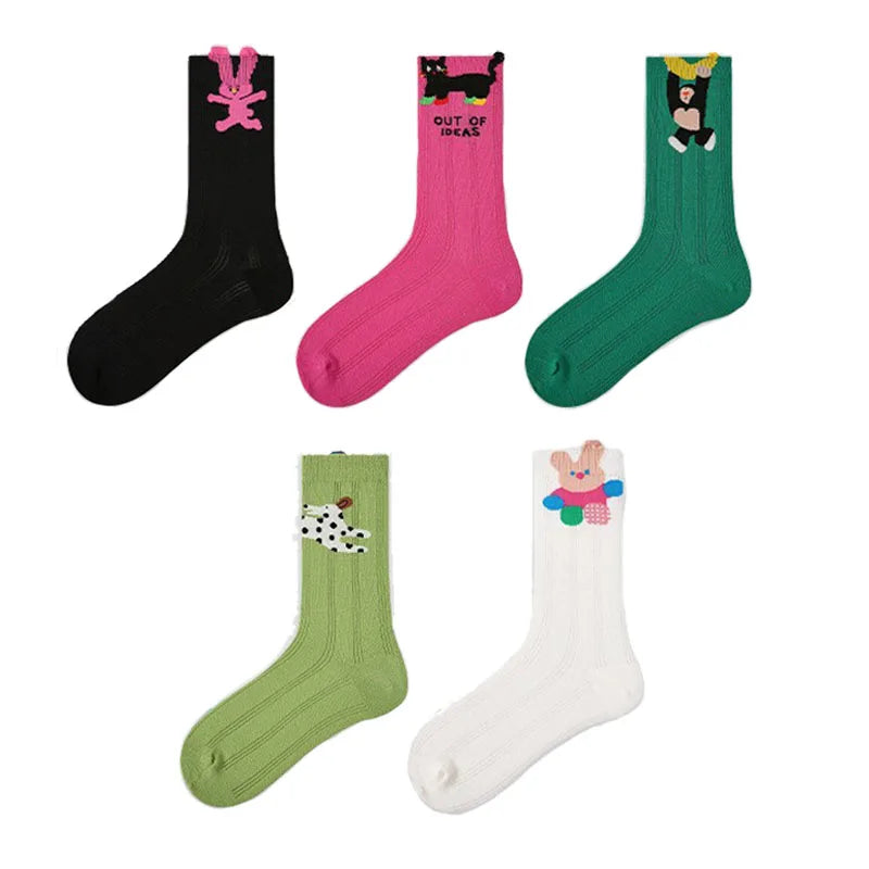 5 Pairs Women's Novelty Colorful Cat and Bunny Socks - Fun Animal Patterns, Mid-Calf Length, Playful Animal Designs,Cute Socks