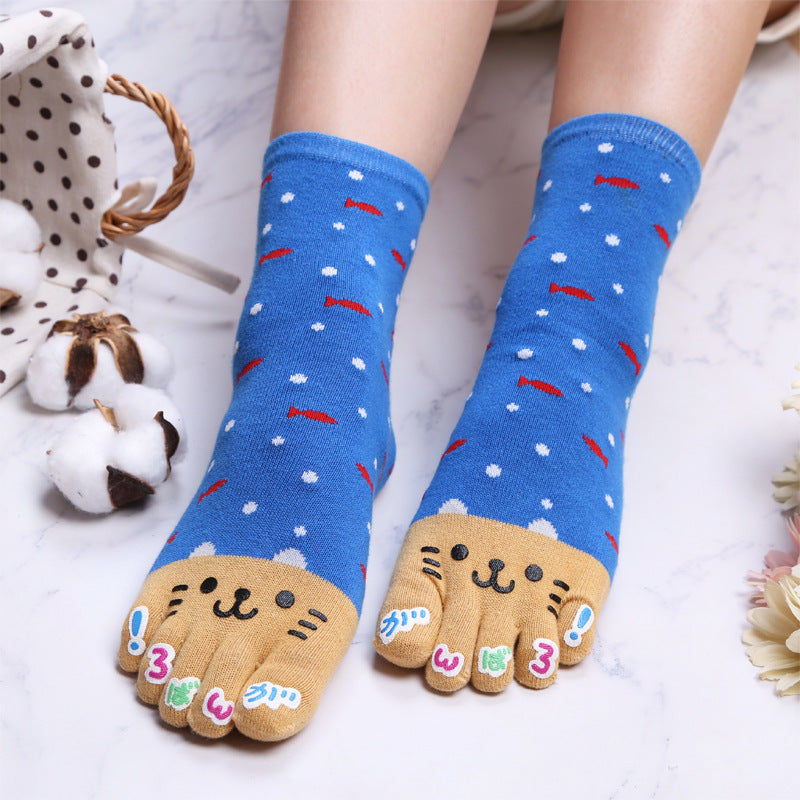 Novelty Cute Ankle Five Finger Happy Socks Woman Print Cotton Dispensing White Harajuku Girl No Show Funny Socks with Toes New
