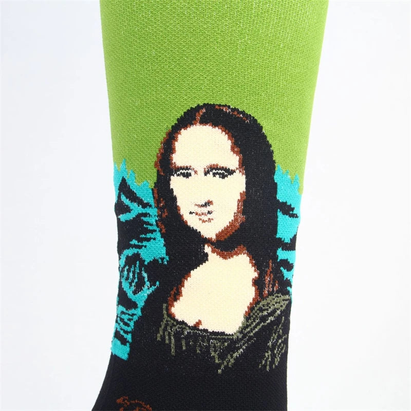 Novelty Funny Compression Socks Men Women Happy Oil Painting Shouting Mona Lisa Smile Hip Hop Nursing Compression Sock Popsocket
