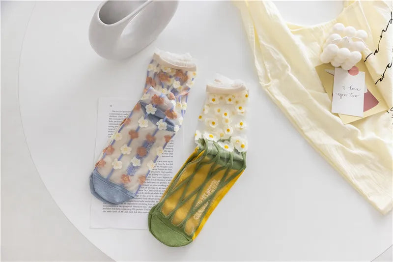 Novelty Harajuku Retro Summer Thin Transparent Glass Socks Women Girls Floral Print Cute Socks Japanese Style Crystal Silk Socks