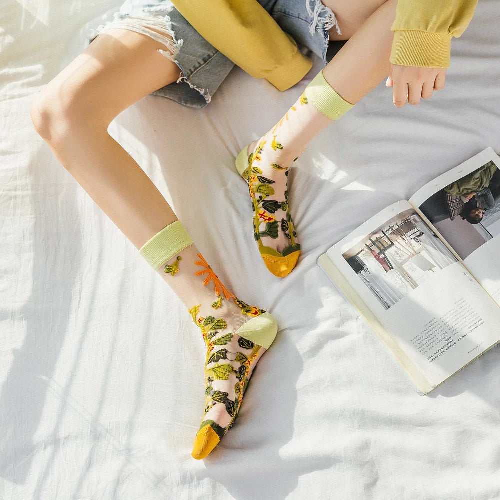 Novelty Casual Women Socks Harajuku Summer Ultra-thin Transparent Glass Silk Socks Sunflowers Crystal Funny Socks High Quality