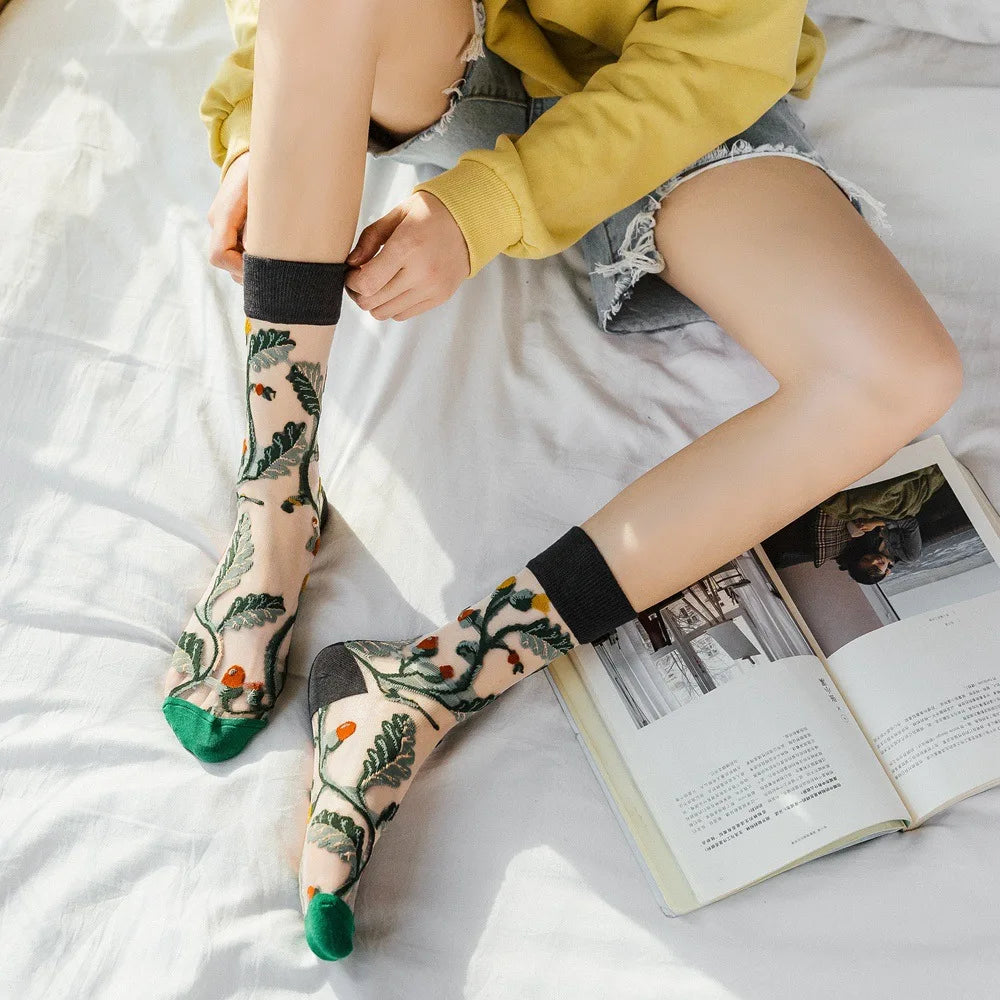 Novelty Casual Women Socks Harajuku Summer Ultra-thin Transparent Glass Silk Socks Sunflowers Crystal Funny Socks High Quality