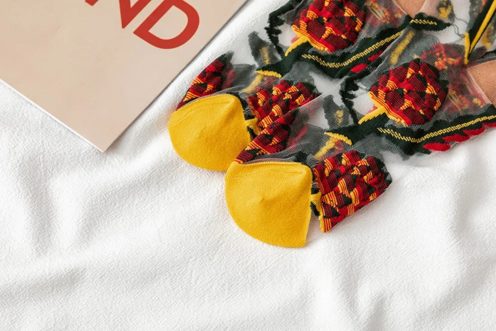 Novelty Casual Women Socks Harajuku Summer Ultra-thin Transparent Glass Silk Socks Sunflowers Crystal Funny Socks High Quality