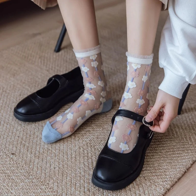 Novelty Harajuku Retro Summer Thin Transparent Glass Socks Women Girls Floral Print Cute Socks Japanese Style Crystal Silk Socks