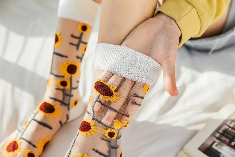 Novelty Casual Women Socks Harajuku Summer Ultra-thin Transparent Glass Silk Socks Sunflowers Crystal Funny Socks High Quality