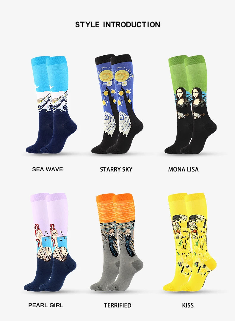 Novelty Funny Compression Socks Men Women Happy Oil Painting Shouting Mona Lisa Smile Hip Hop Nursing Compression Sock Popsocket
