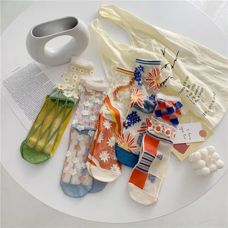 Novelty Harajuku Retro Summer Thin Transparent Glass Socks Women Girls Floral Print Cute Socks Japanese Style Crystal Silk Socks