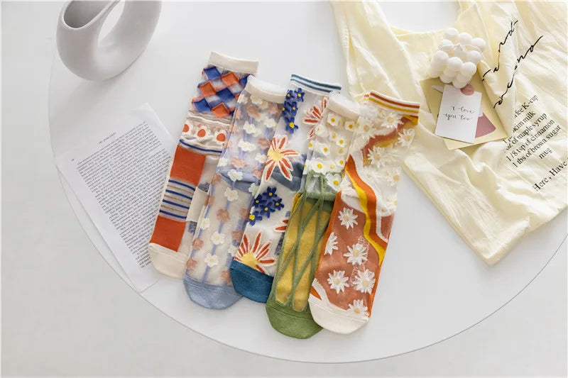 Novelty Harajuku Retro Summer Thin Transparent Glass Socks Women Girls Floral Print Cute Socks Japanese Style Crystal Silk Socks