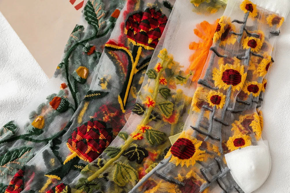 Novelty Casual Women Socks Harajuku Summer Ultra-thin Transparent Glass Silk Socks Sunflowers Crystal Funny Socks High Quality