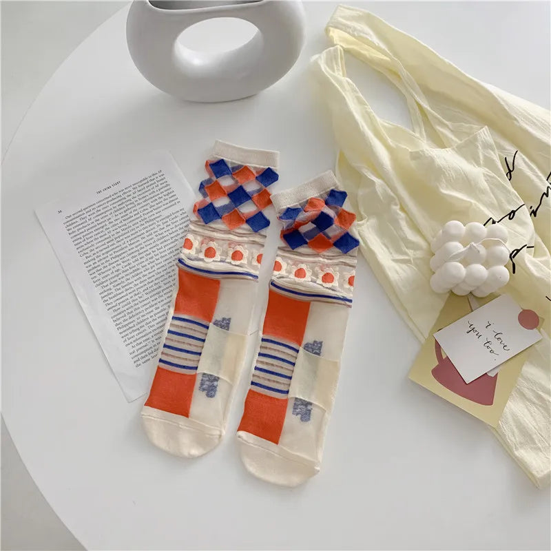 Novelty Harajuku Retro Summer Thin Transparent Glass Socks Women Girls Floral Print Cute Socks Japanese Style Crystal Silk Socks