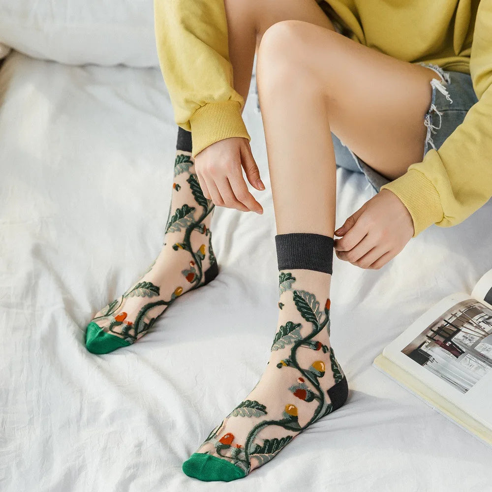 Novelty Casual Women Socks Harajuku Summer Ultra-thin Transparent Glass Silk Socks Sunflowers Crystal Funny Socks High Quality