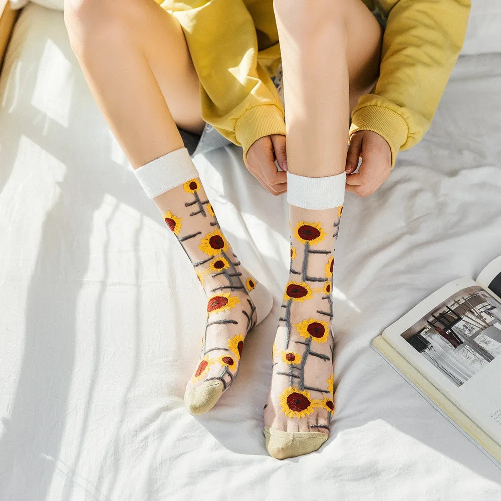 Novelty Casual Women Socks Harajuku Summer Ultra-thin Transparent Glass Silk Socks Sunflowers Crystal Funny Socks High Quality