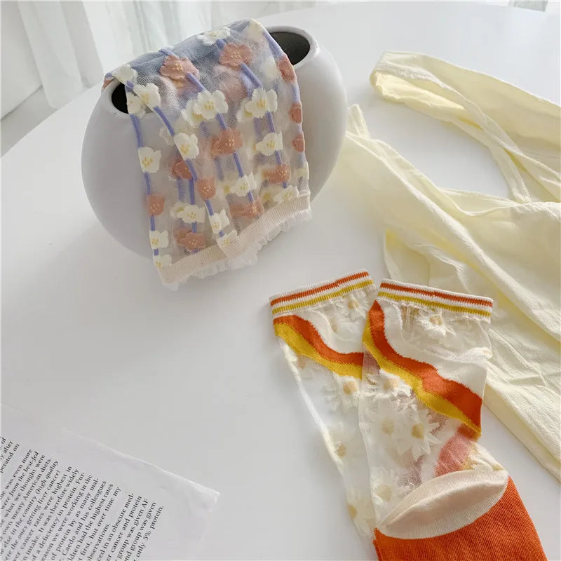 Novelty Harajuku Retro Summer Thin Transparent Glass Socks Women Girls Floral Print Cute Socks Japanese Style Crystal Silk Socks