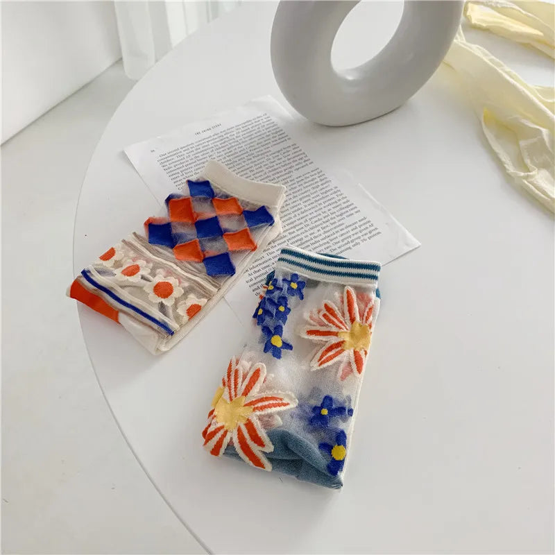 Novelty Harajuku Retro Summer Thin Transparent Glass Socks Women Girls Floral Print Cute Socks Japanese Style Crystal Silk Socks