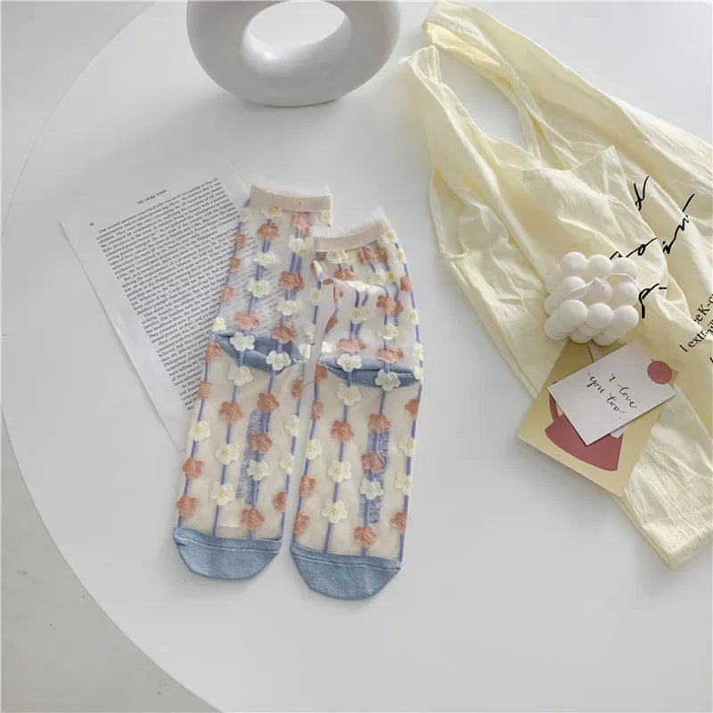Novelty Harajuku Retro Summer Thin Transparent Glass Socks Women Girls Floral Print Cute Socks Japanese Style Crystal Silk Socks