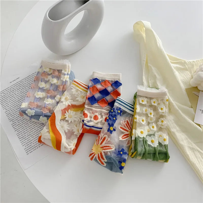 Novelty Harajuku Retro Summer Thin Transparent Glass Socks Women Girls Floral Print Cute Socks Japanese Style Crystal Silk Socks