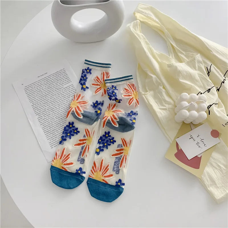 Novelty Harajuku Retro Summer Thin Transparent Glass Socks Women Girls Floral Print Cute Socks Japanese Style Crystal Silk Socks