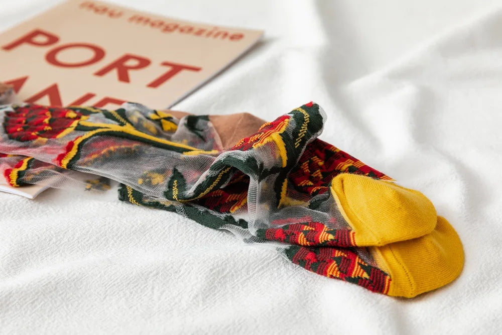 Novelty Casual Women Socks Harajuku Summer Ultra-thin Transparent Glass Silk Socks Sunflowers Crystal Funny Socks High Quality