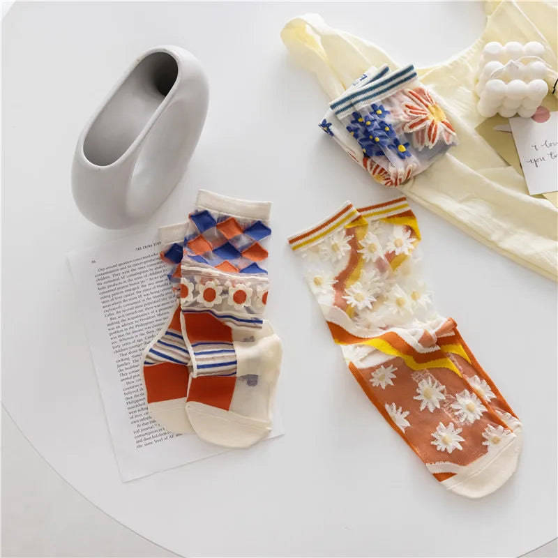 Novelty Harajuku Retro Summer Thin Transparent Glass Socks Women Girls Floral Print Cute Socks Japanese Style Crystal Silk Socks