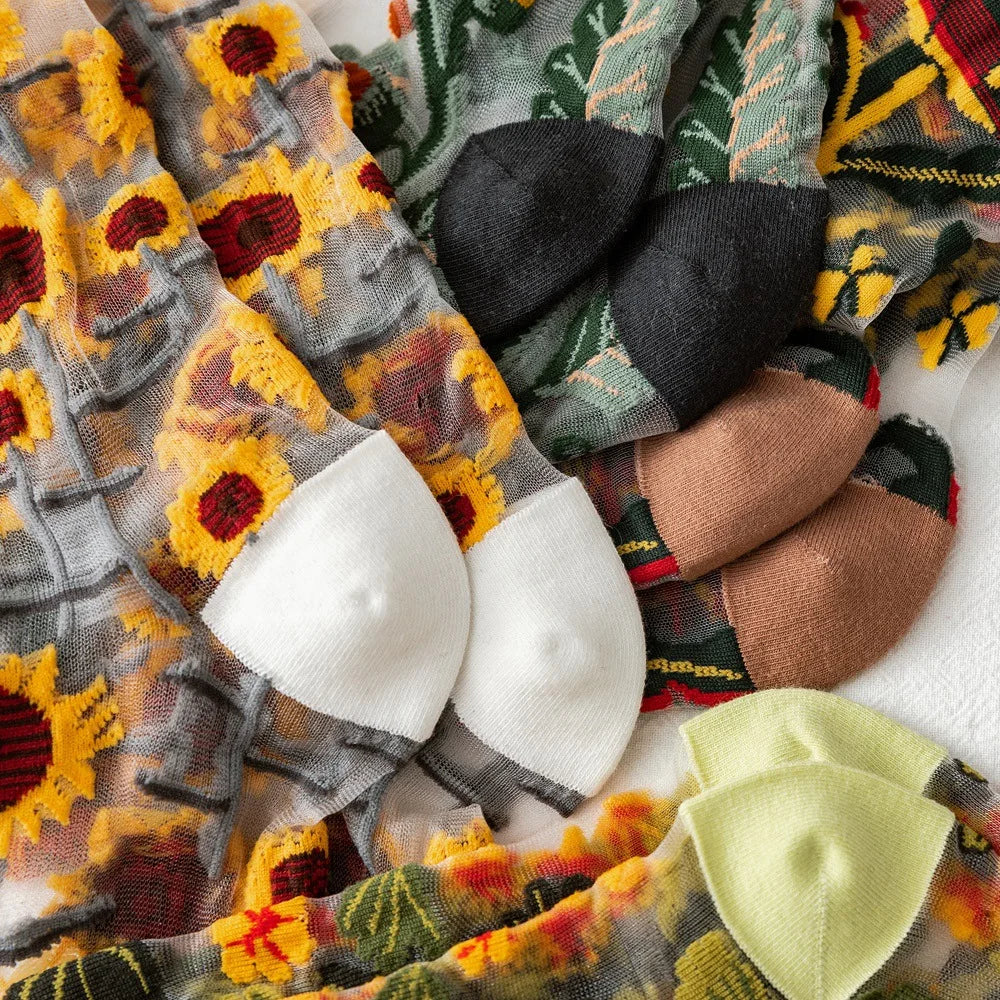 Novelty Casual Women Socks Harajuku Summer Ultra-thin Transparent Glass Silk Socks Sunflowers Crystal Funny Socks High Quality