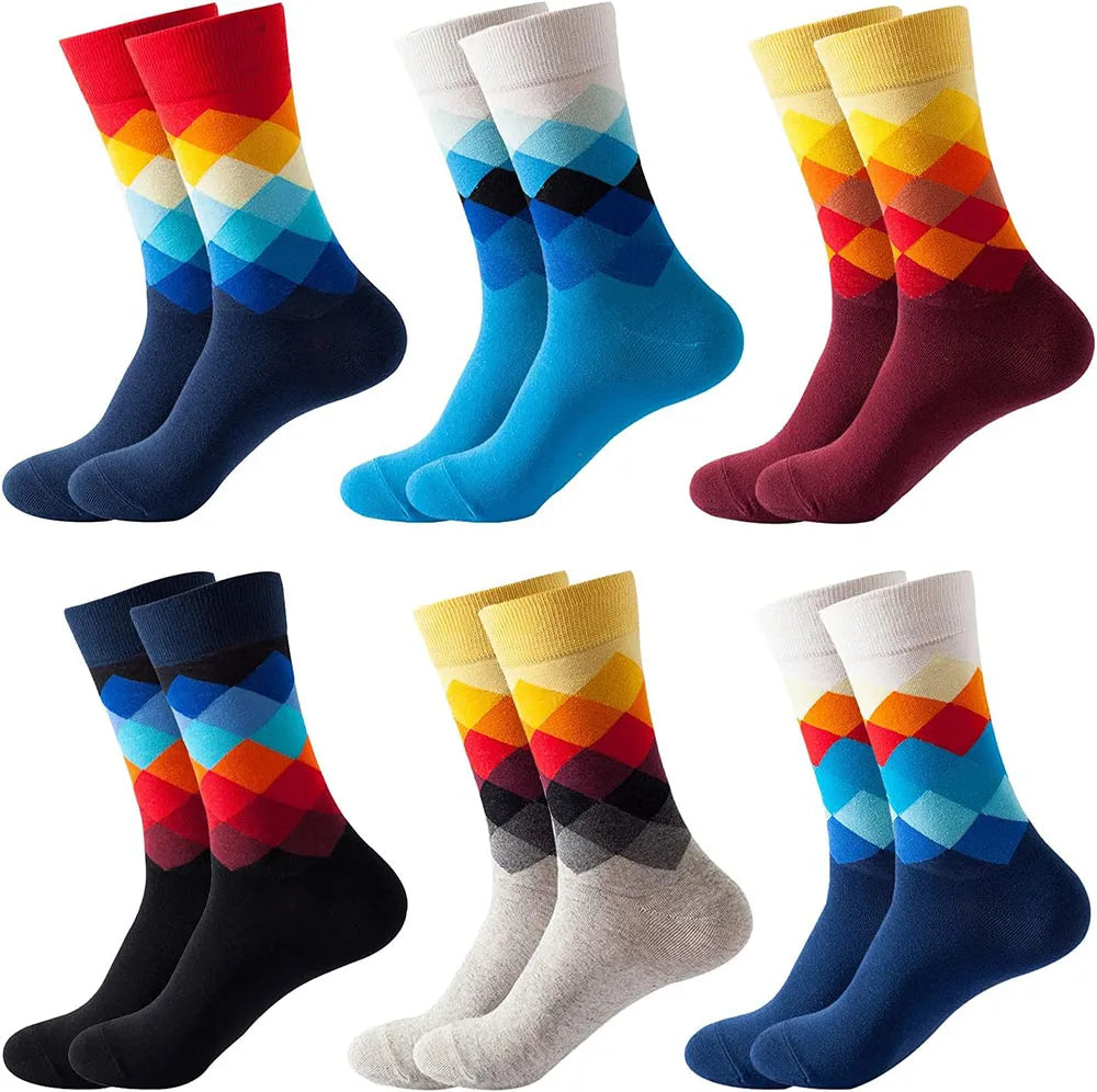 6 Pairs Unisex New Fashion Colorful Happy Casual Socks Dress Harajuku Cute Spaceman Grid Women Funny Socks