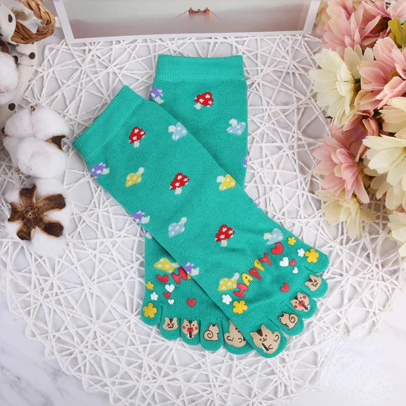 Novelty Cute Ankle Five Finger Happy Socks Woman Print Cotton Dispensing White Harajuku Girl No Show Funny Socks with Toes New