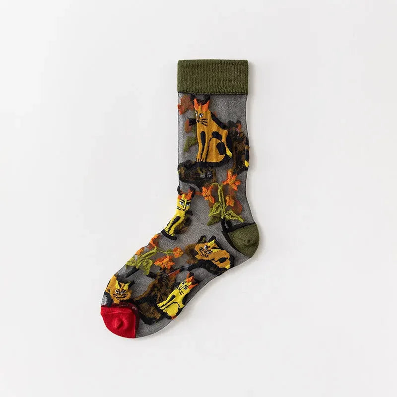 Novelty Casual Women Socks Harajuku Summer Ultra-thin Transparent Glass Silk Socks Sunflowers Crystal Funny Socks High Quality