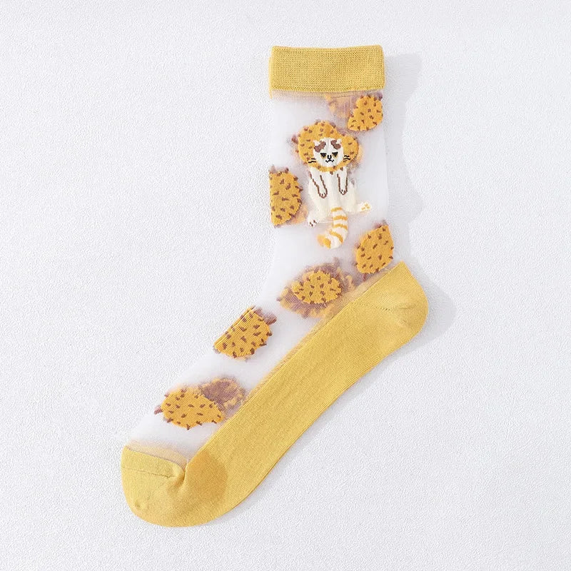 Novelty Casual Women Socks Harajuku Summer Ultra-thin Transparent Glass Silk Socks Sunflowers Crystal Funny Socks High Quality
