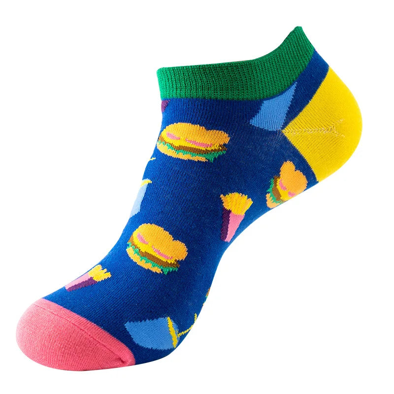 Novelty Men Short Socks Boat High Quality Geometric Fruit Sushi Colorful Pattern Fashion Socks