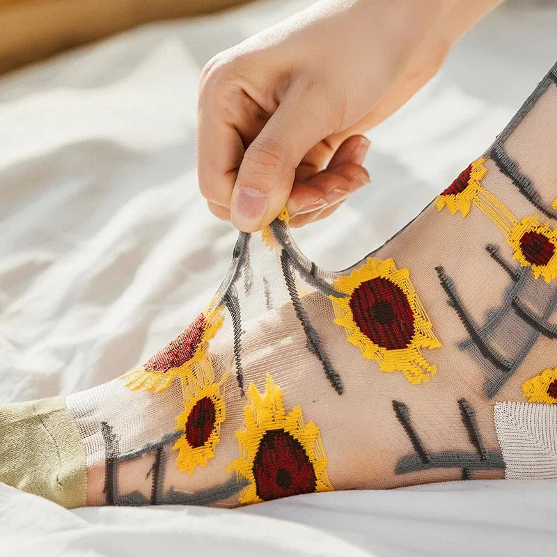 Novelty Casual Women Socks Harajuku Summer Ultra-thin Transparent Glass Silk Socks Sunflowers Crystal Funny Socks High Quality